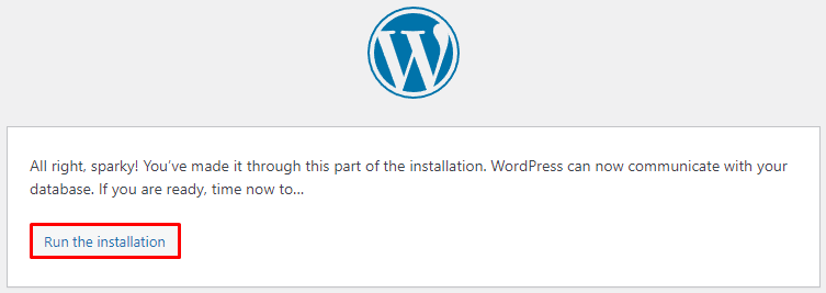 Mensagem WordPress informando que a conexão ao banco de dados foi bem sucedida