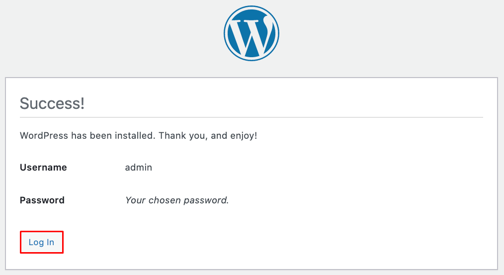 Mensagem de sucesso WordPress foi instalado