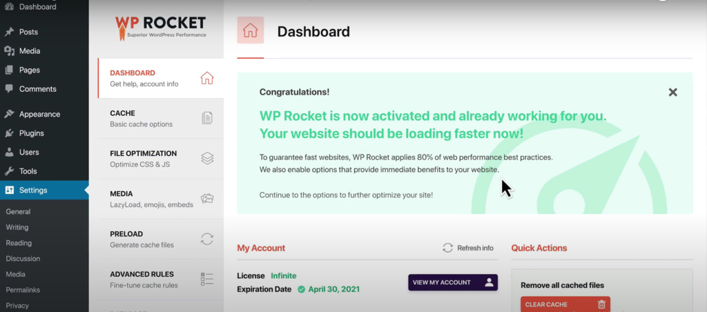 O painel do WP Rocket apresenta configurações para cache, otimização de arquivo, mídia, pré-carregamento e regras avançadas.