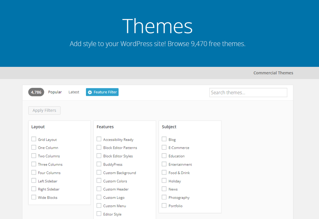 O recurso de filtro do diretório Wordress mostrando três colunas – Layout, Recursos e Assunto
