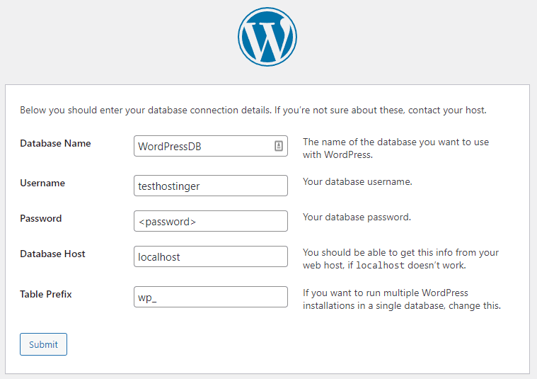 Página de configuração do WordPress mostrando o formulário para detalhes de conexão ao banco de dados