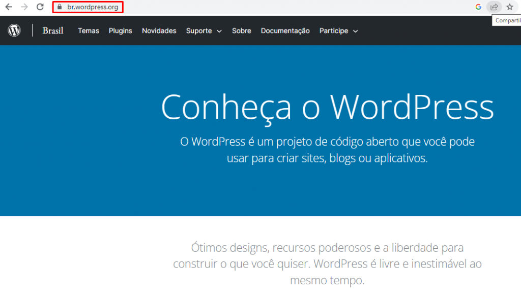 WordPress homepage highlighting domain extension