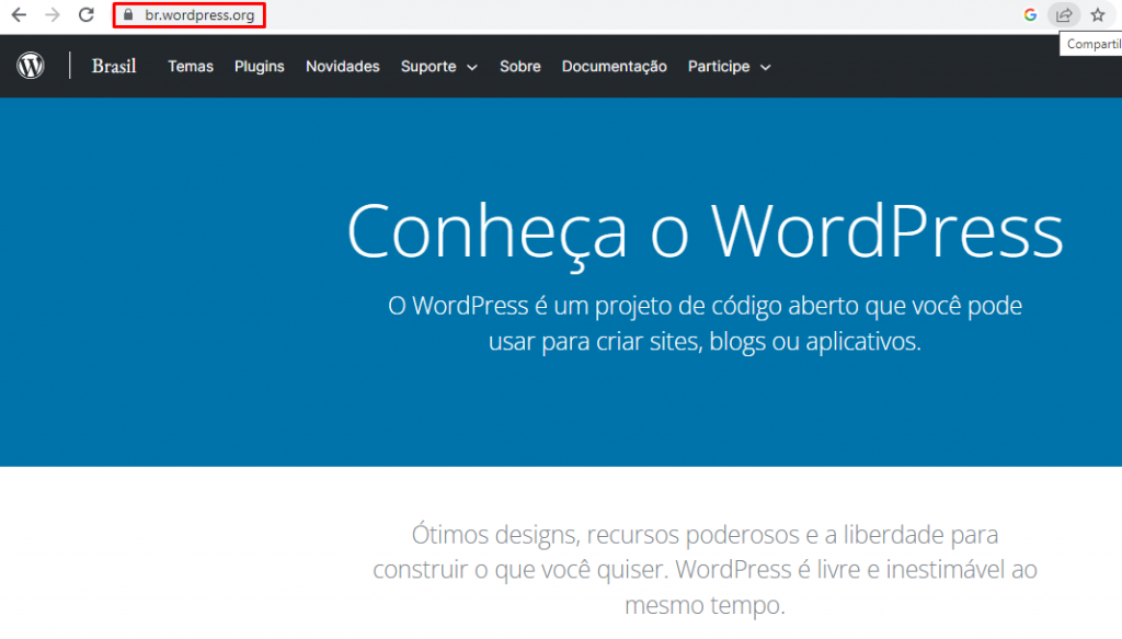 página inicial do WordPress destacando a extensão de domínio