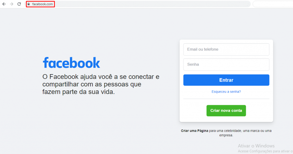 página inicial do Facebook destacando a extensão de domínio