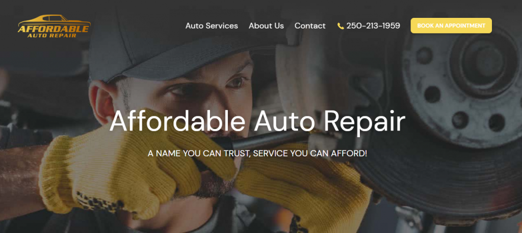 página inicial do site Affordable Auto Repair, que oferece serviços de oficina mecânica a preço baixo