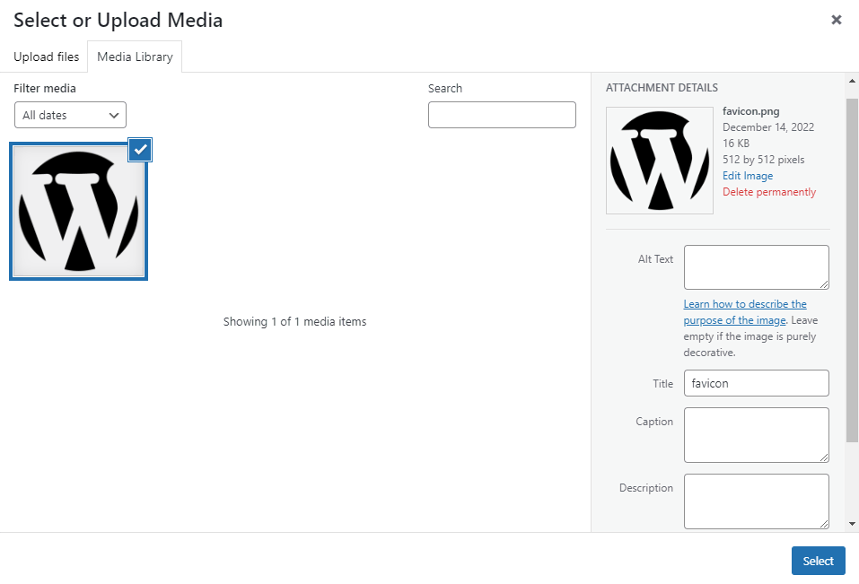 Pop-up da biblioteca de mídia do WordPress, mostrando um arquivo de favicon selecionado