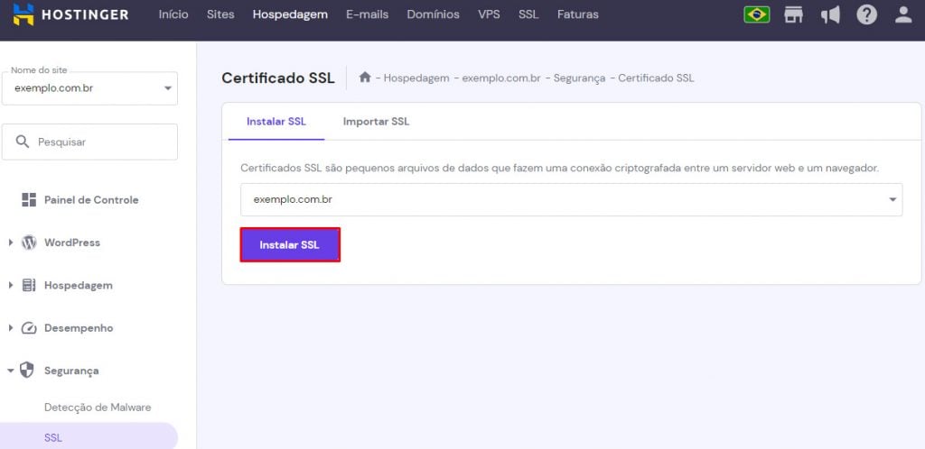 botão de instalar ssl no hpanel