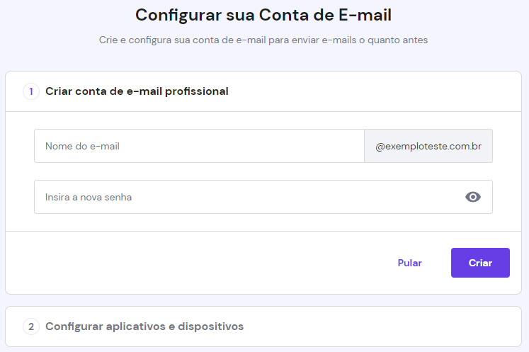 tela de configuração de conta de email profissional no hpanel da hostinger