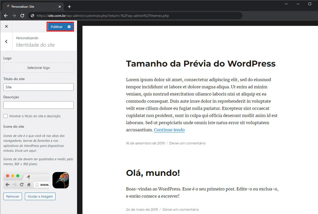 Guia do navegador Chrome mostrando a interface do WordPress Customizer, com o novo favicon e o botão de publicação destacado