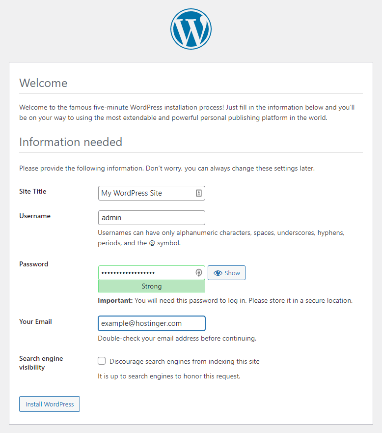 Página de configuração do WordPress - formulário de instalação