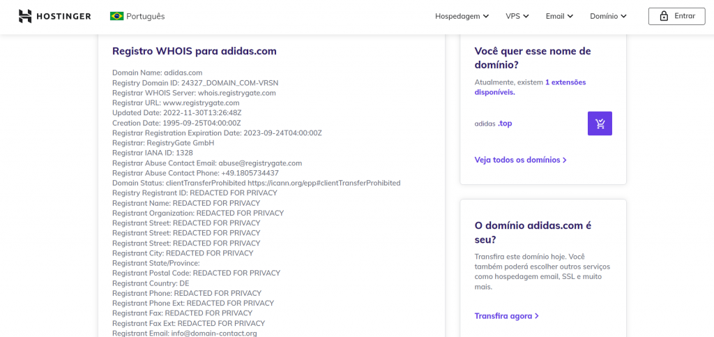 Resultados da consulta sobre adidas.com na ferramenta de pesquisa WHOIS da Hostinger