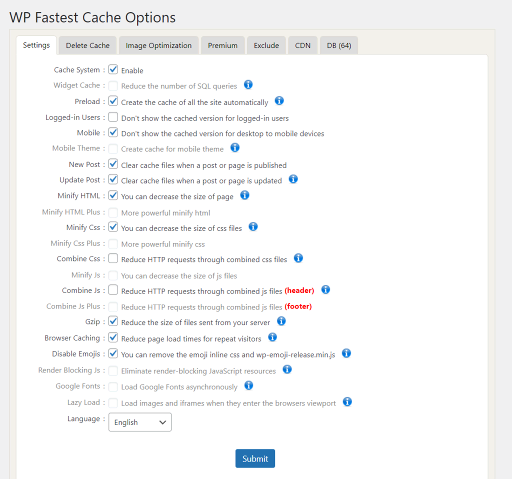 As configurações de cache do WP Fastest Cache consistem em caixas de seleção com explicações