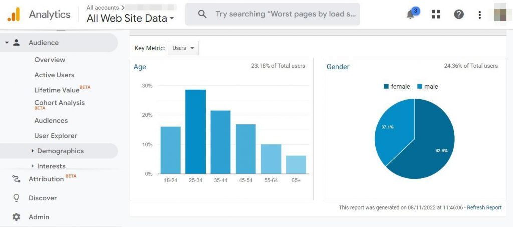 Um exemplo de página de relatório de análise de audiência do Google Analytics