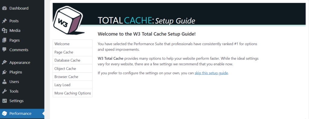 O guia de configuração no painel WordPress do W3 Total Cache
