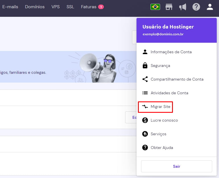 opção de migrar site no hpanel da hostinger