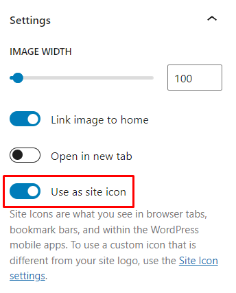 A seção de configurações para o bloco de logotipo do site, com a opção de uso realçado como ícone do site