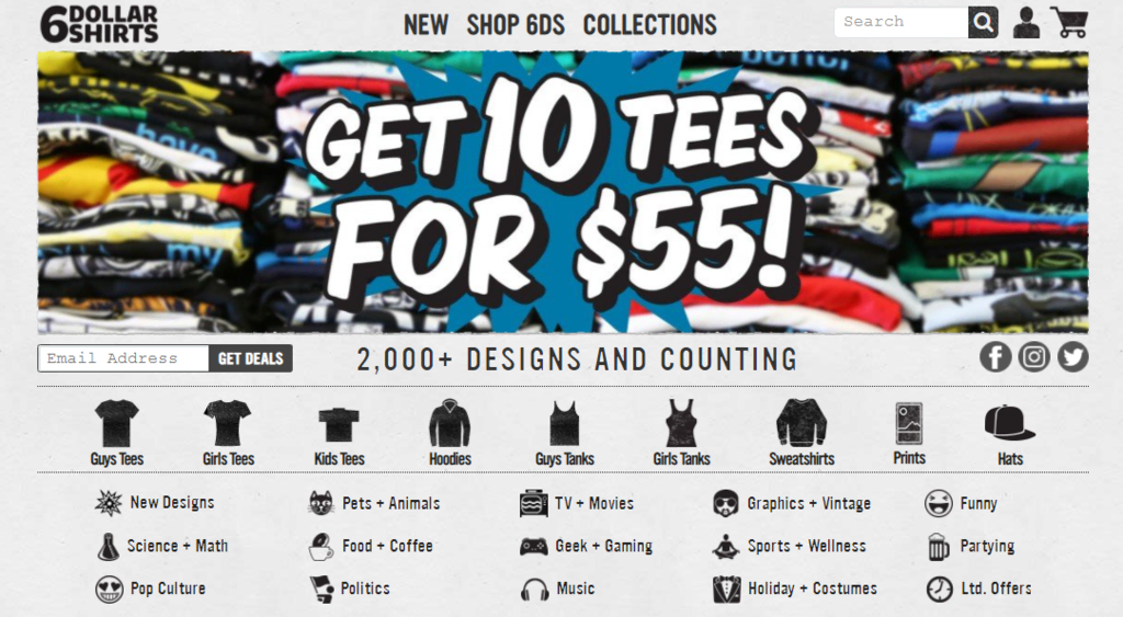página inicial da loja de camisetas baratas 6 dollar shirts