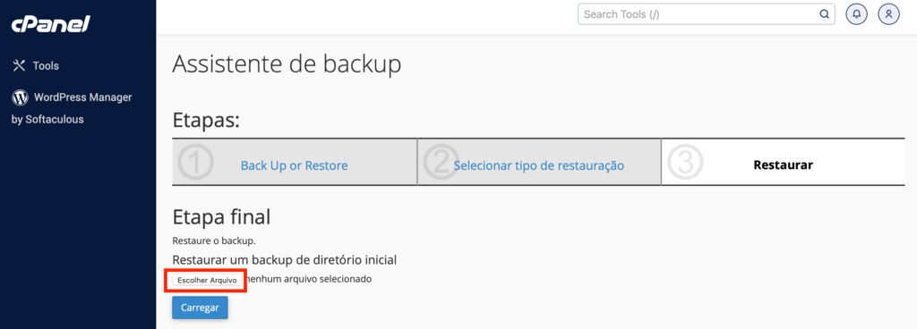 restaurar backup do site via cpanel