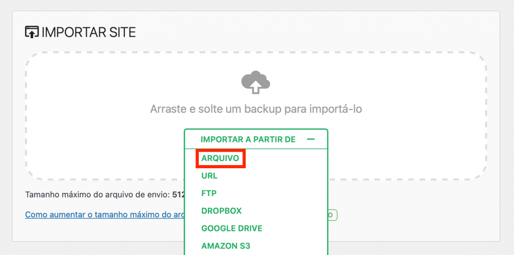 importando backup de site wordpress via plugin