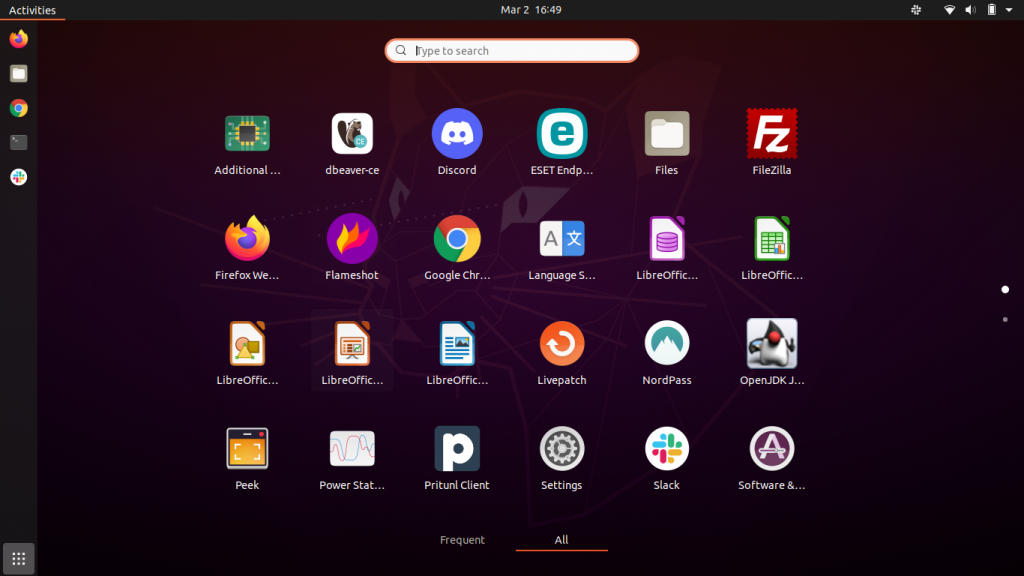 Captura de tela do menu completo do Ubuntu