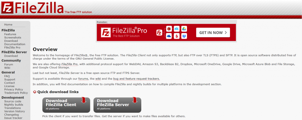 Página inicial do FileZilla