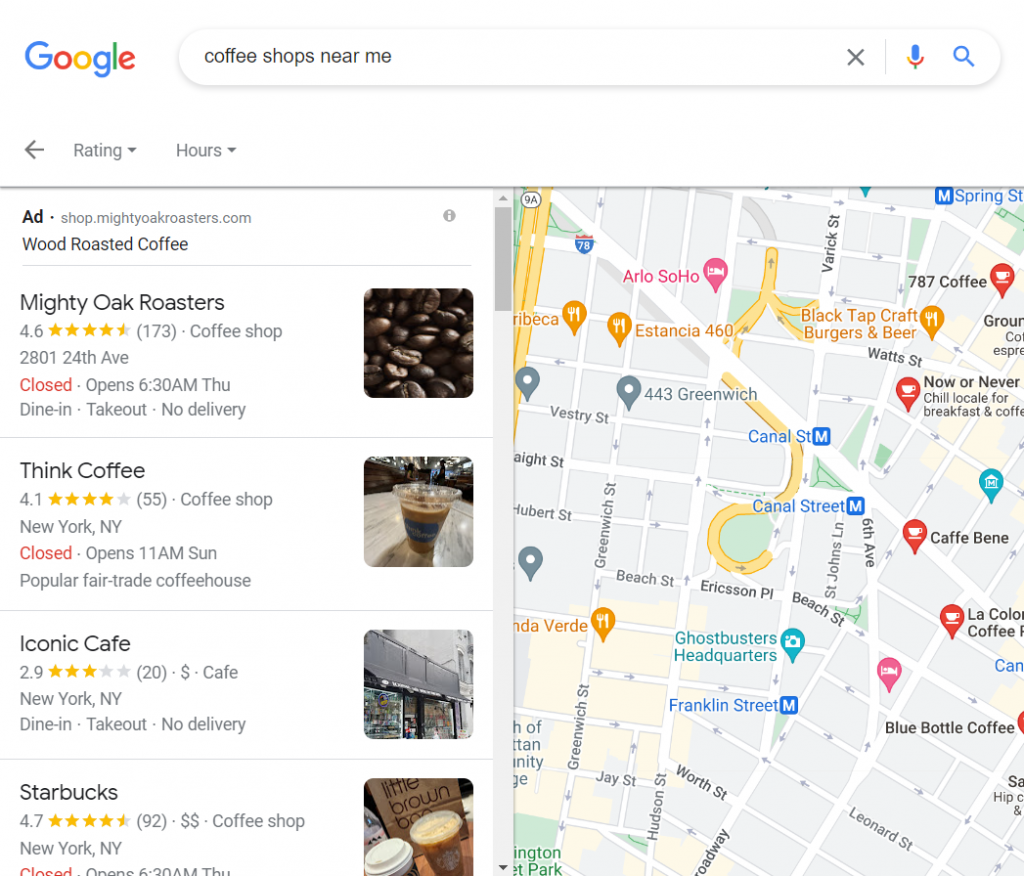 Página de resultados do Google para cafeterias perto de mim