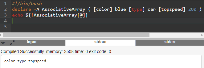 Script de linha de comando para imprimir todas as chaves de um array associativo. Para imprimir todos os valores, somente o ponto de exclamação precisa ser removido.