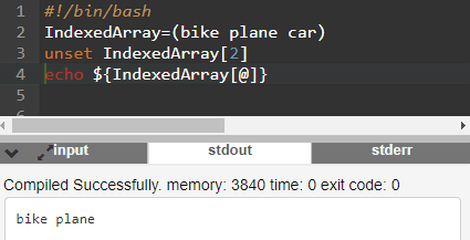 Script de bash para mostrar o comando unset que é usado para apagar elementos de um array