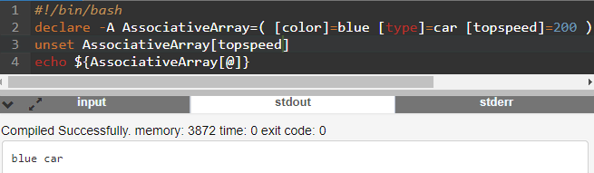 Script de bash Bash exibindo o comando unset para arrays associativos, usado para remover um elemento de um array