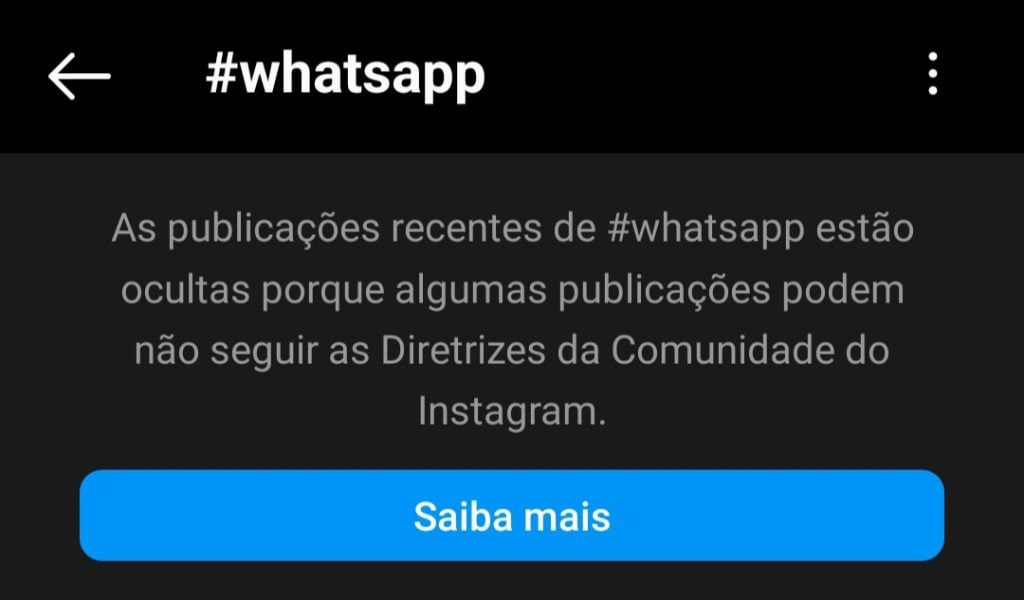 aviso de hashtags banidas ou limitadas pelo instagram