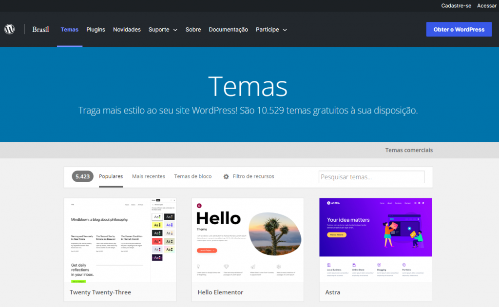 Página do repositório de temas do WordPress