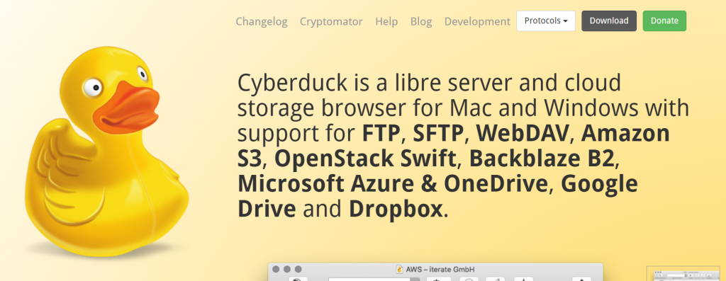 Captura de tela da página inicial do cliente Cyberduck FTP