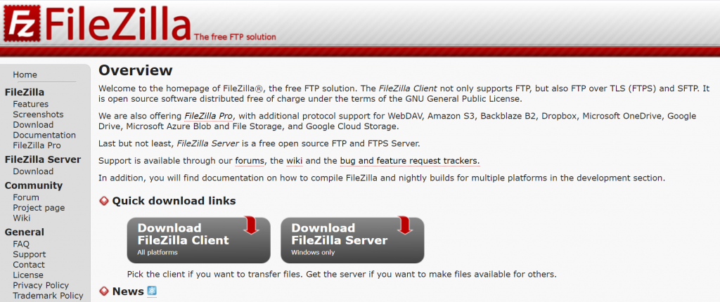 Captura de tela da página inicial do cliente FileZilla FTP