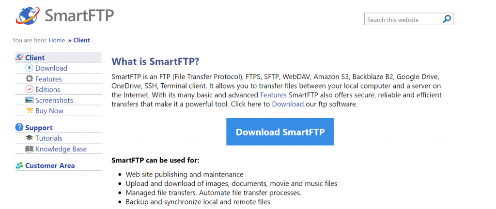 Captura de tela da página inicial do SmartFTP