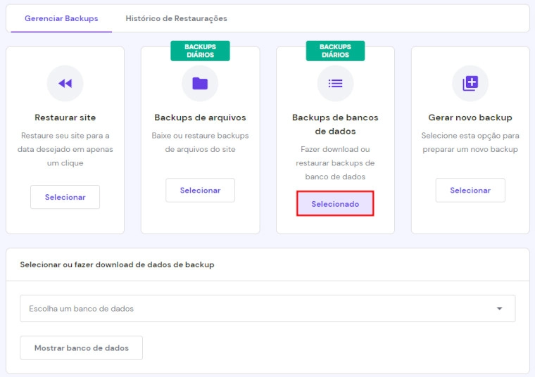 tela de gerenciar backups no hpanel da hostinger, com a opção de backups de bancos de dados selecionada