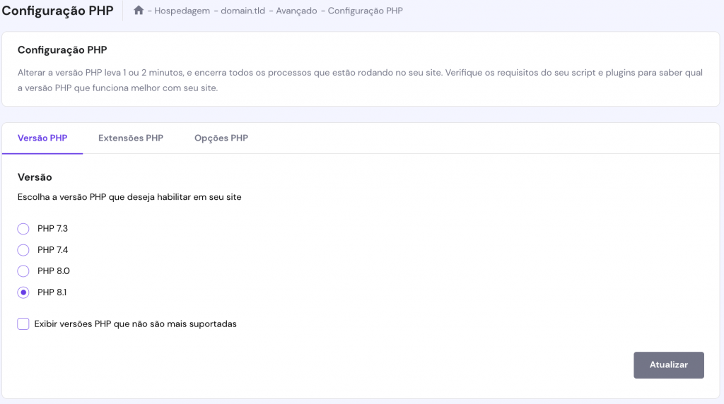 A seção de Configuração PHP no hPanel. A seção de Opções PHP é mostrada