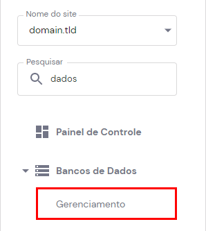 O botão de gerenciamento no menu lateral do hPanel Bancos de Dados