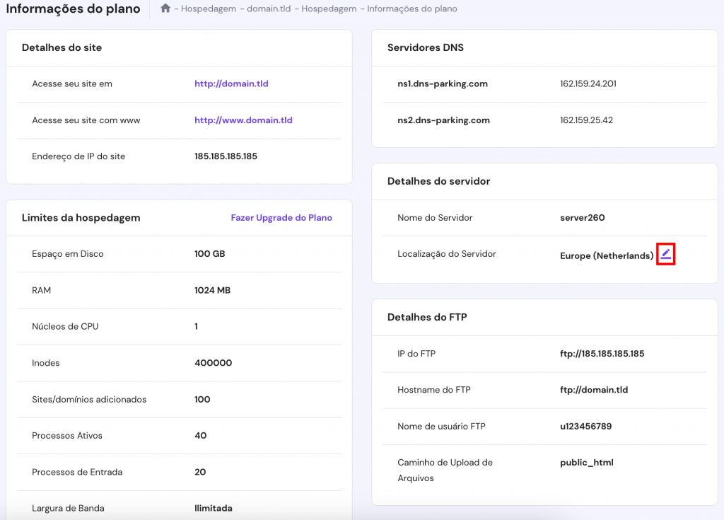 A seção de detalhes do Plano no painel hPanel. O ícone Change server é destacado