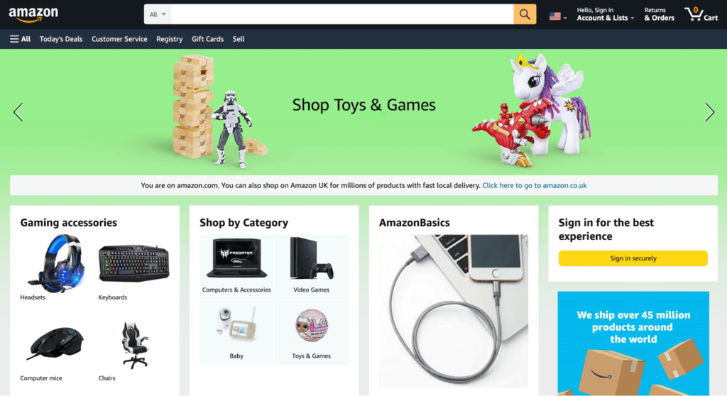 Página inicial do site da loja virtual Amazon