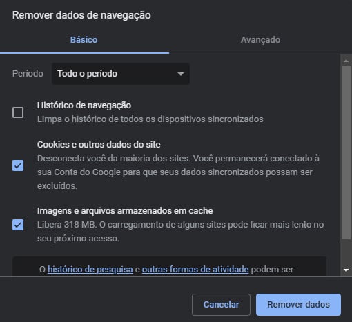 opções para remover dados de navegação do chrome