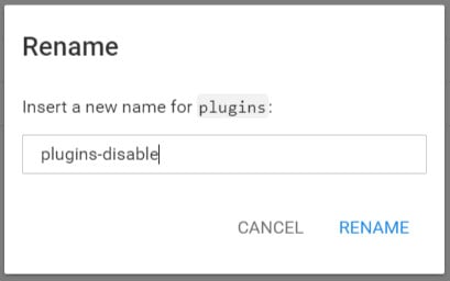 processo de renomear a pasta de plugins no gerenciador de arquivos da hostinger, com o nome plugins-disable digitado