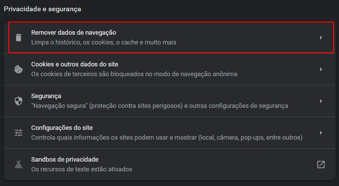 menu de privacidade e segurança do chrome com a opção de remover dados de navegação em destaque