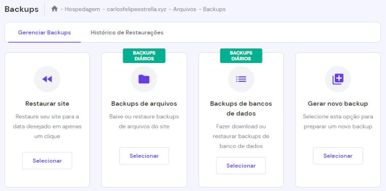 seção de backups do hpanel, com opções para restaurar site, backups de arquivos, backups de bancos de dados e gerar novo backup