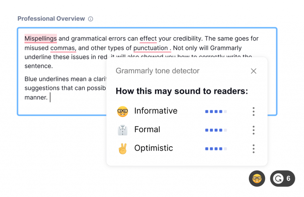 Detector de tom do Grammarly analisando como um trecho de texto pode soar para os leitores – informativo, formal ou otimista.