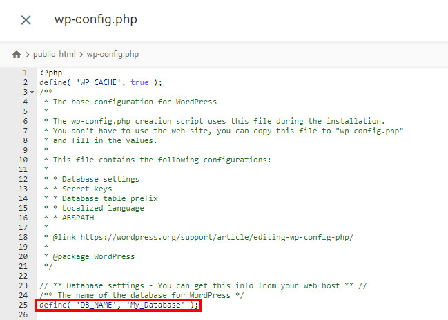 Verificação o nome do banco de dados do WordPress no arquivo wp-config.php