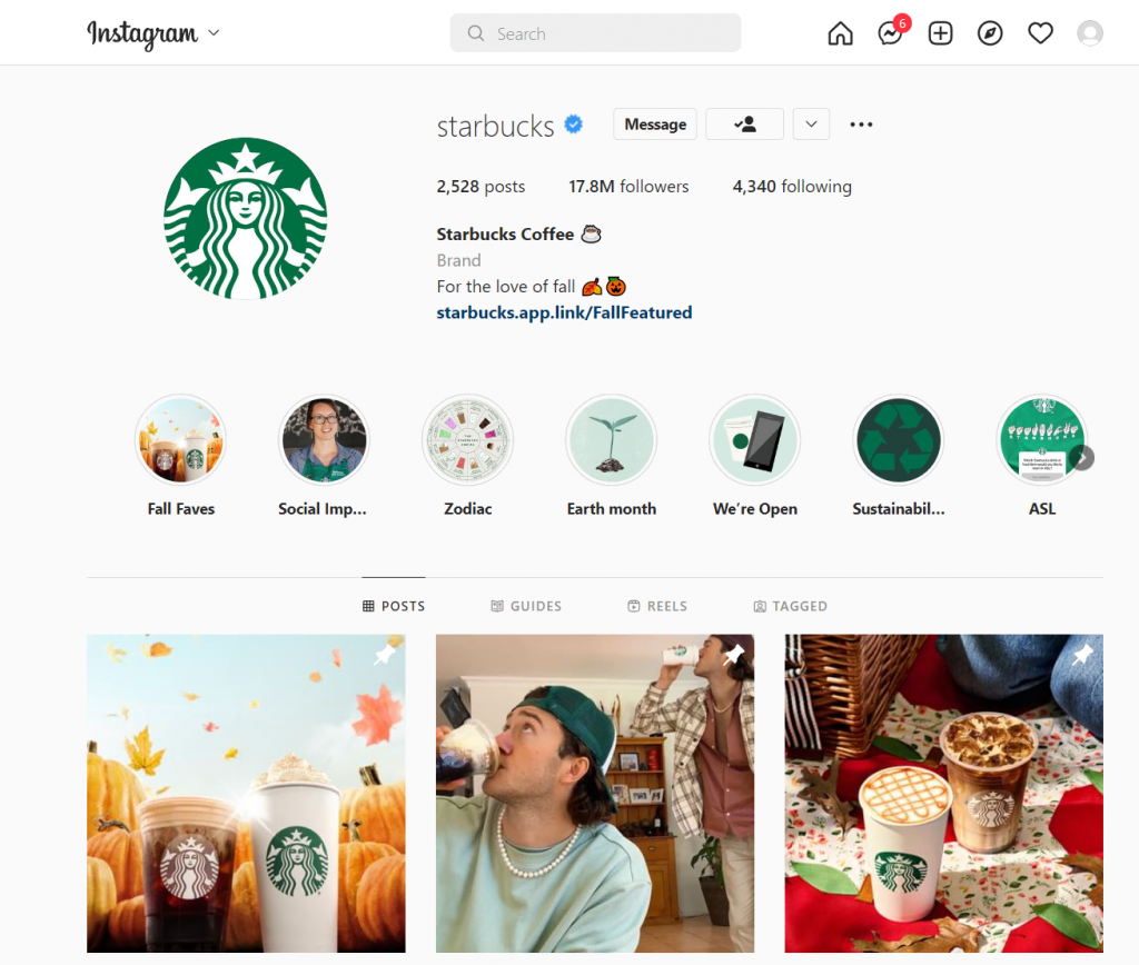 Página de perfil do Instagram da Starbucks