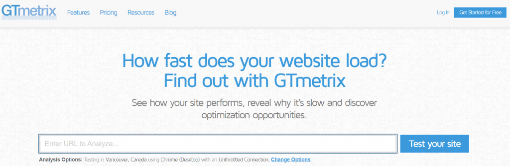 Página inicial do site GTmetrix