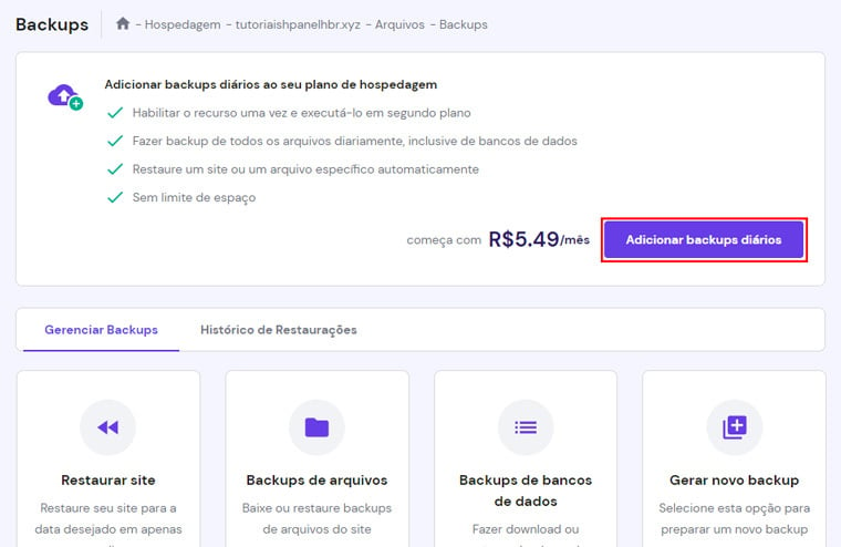 opção de adicionar backups diários no hpanel da hostinger