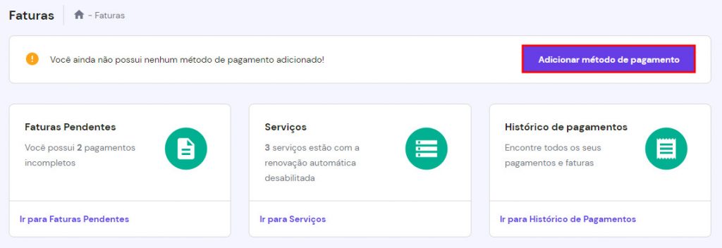 opção de adicionar método de pagamento dentro da tela de faturas da hostinger