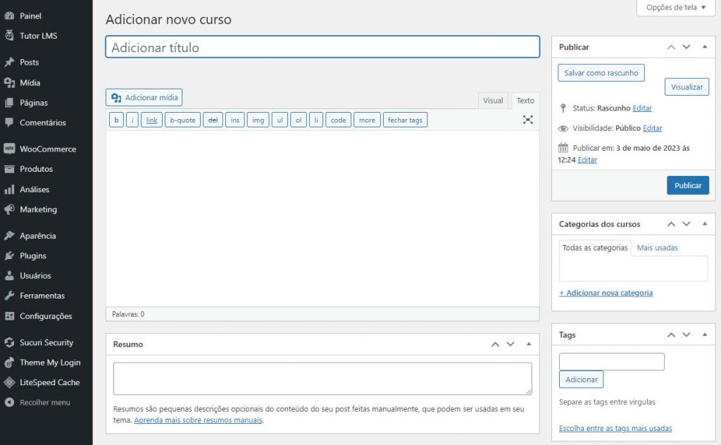 página de criação de cursos online pelo Tutor LMS Pro